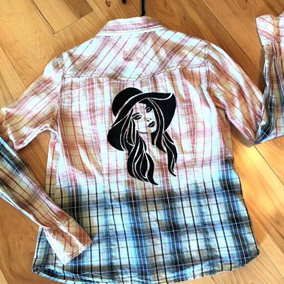 Bleached Shirt, Junior Size Medium: Upcycled Hand Painted Plaid Top - Picture 7 of 12